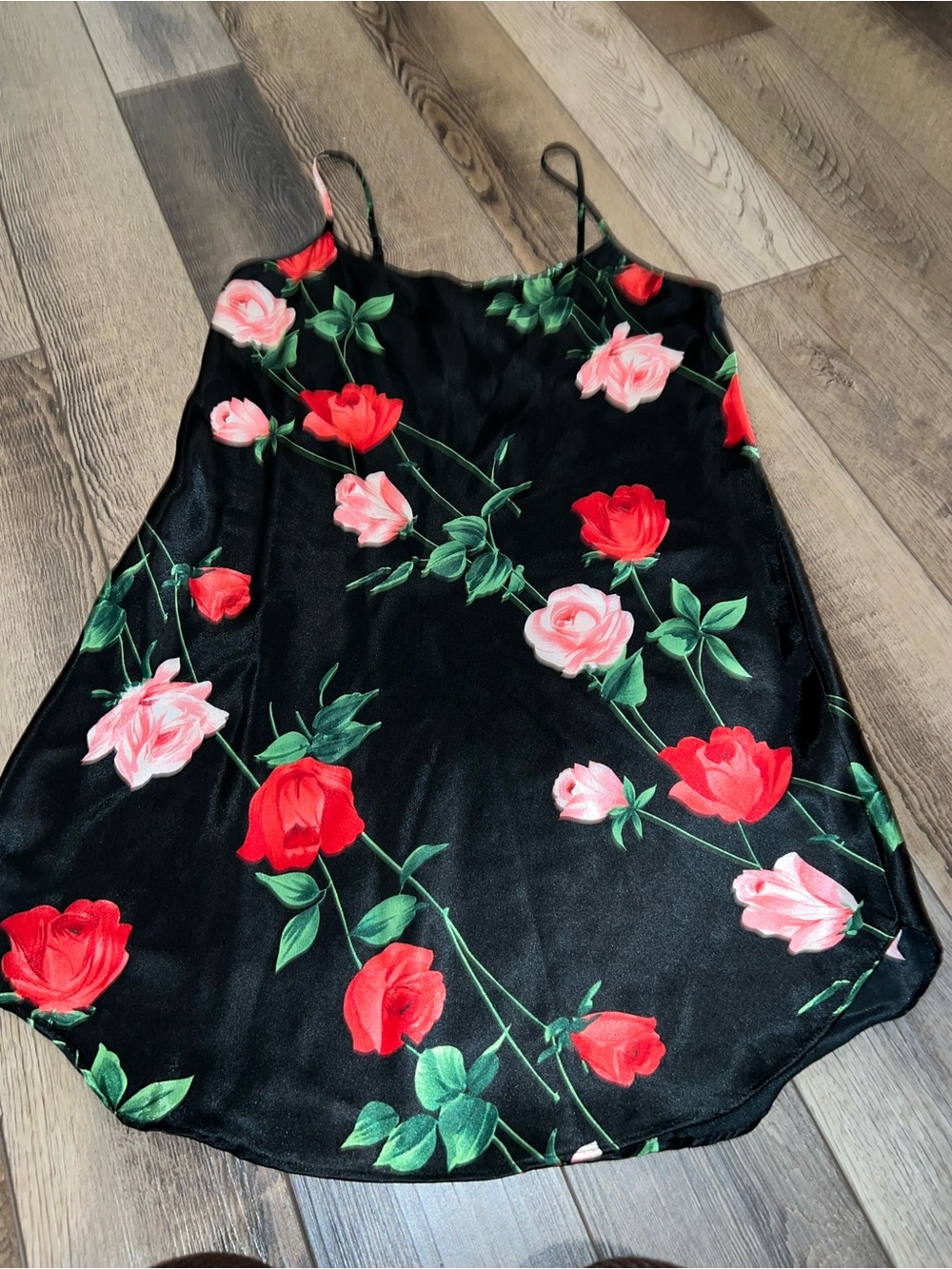 Secret Treasures Black Slip Dress with Red and Pink Rose Print